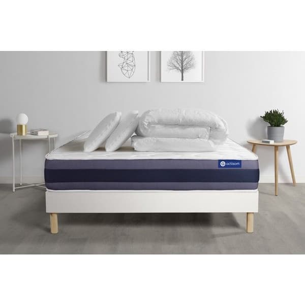 Ensemble sängram madrass 160x200 Actilatex morpho Latex och minnesskum - 24 cm - Balanserad - sängram kit Vit + 2 kuddar +