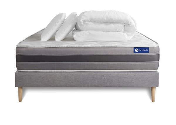 Ensemble sängstomme madrass 200x200 Actilatex relax - 24 cm - Medium-fast - sängstomme kit grå + 2 kuddar + täcke