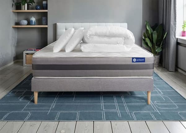 Ensemble sängstomme madrass 200x200 Actilatex relax - 24 cm - Medium-fast - sängstomme kit grå + 2 kuddar + täcke