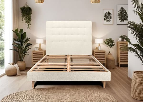 Säng 140x190cm - Ljusbeige - Polsterad huvudgavel - Sängbotten kit - Massiv trästruktur - Lätt montering