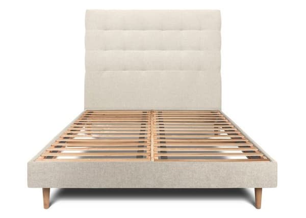Säng 140x190cm - Ljusbeige - Polsterad huvudgavel - Sängbotten kit - Massiv trästruktur - Lätt montering