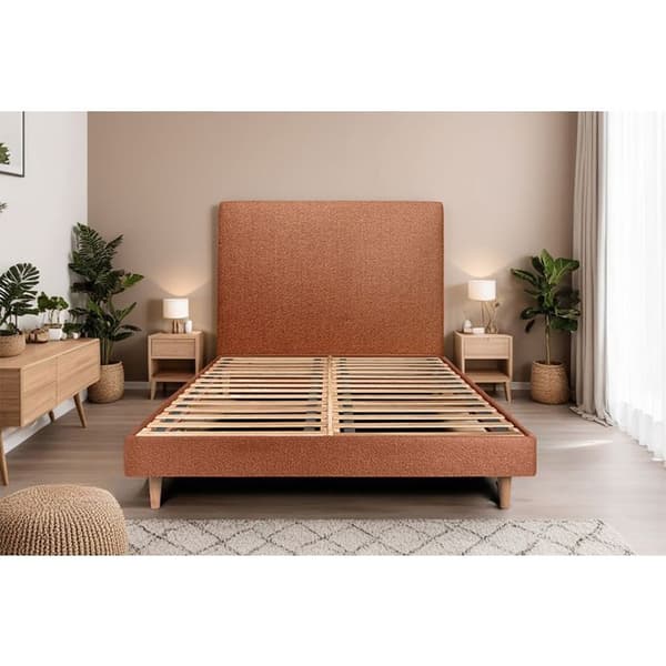 Säng 150x190cm - Terrakotta - Tapetserad sänggavel i bouclette - Massivt trä - Modern Skandinavisk stil