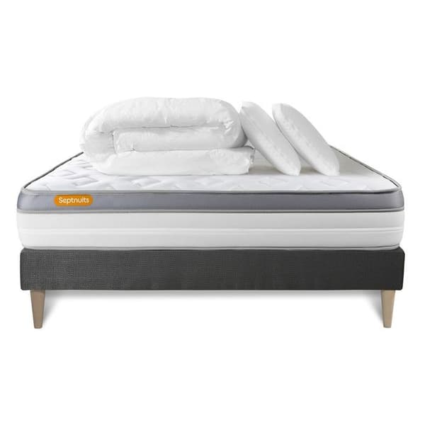 Sängram med madrass 160x200 Memo zen Minnesskum - 26 cm - Fast - grå sängramskit + 2 kuddar + täcke