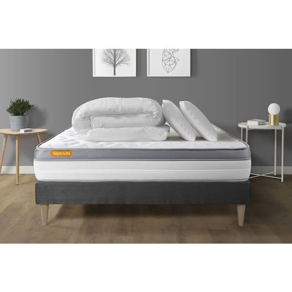 Sängram med madrass 160x200 Memo zen Minnesskum - 26 cm - Fast - grå sängramskit + 2 kuddar + täcke
