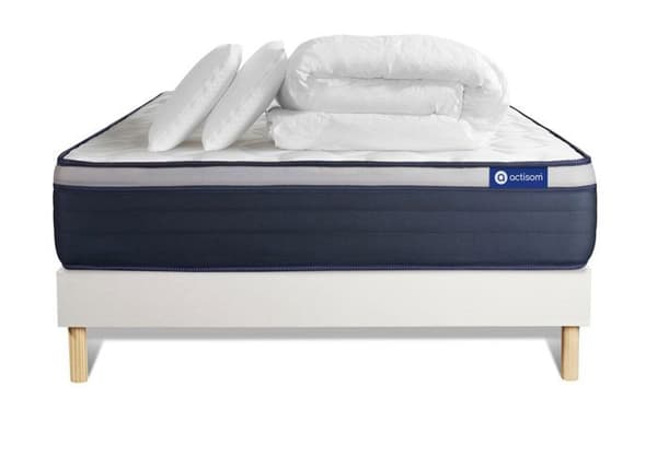 Ensemble sängbotten madrass 160x200 Actimemo max Memory foam - 26 cm - Fast - sängbotten kit Vit + 2 kuddar + täcke