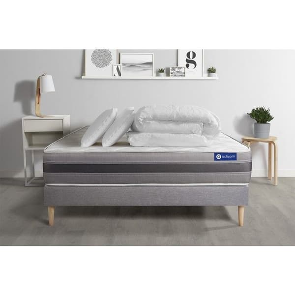 Ensemble sängram madrass 160x200 Actilatex relax - 24 cm - Medium-fast - sängram kit grå + 2 kuddar + täcke