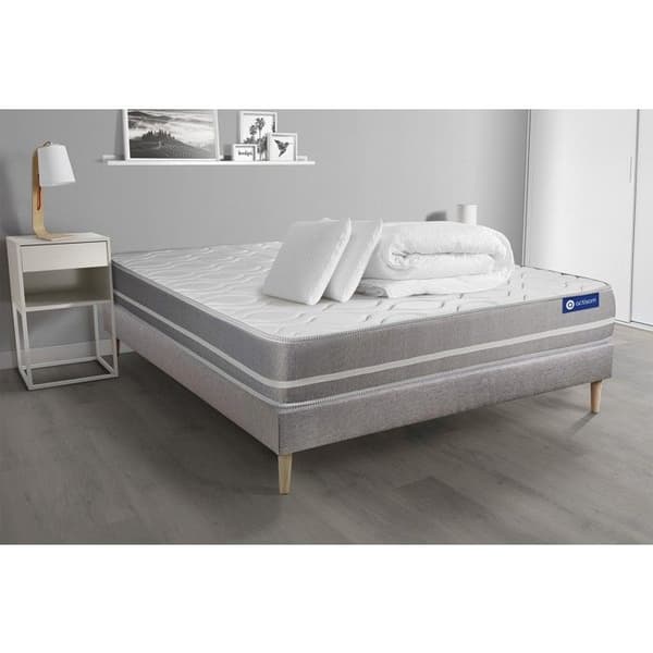Ensemble sänggavel madrass 140x200 Actimemo touch - 20 cm - Balanserad - sänggavel kit grå + 2 kuddar + täcke