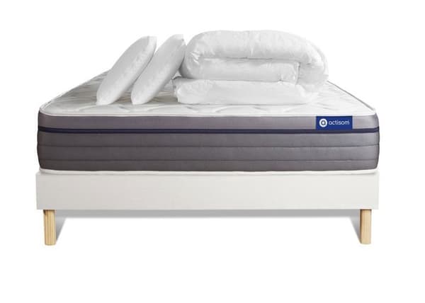 Sängram och madrass 200x200 Actilatex zen Latex och minnesk foam - 26 cm - Balanserad - sängram kit Vit + 2 kuddar + täcke