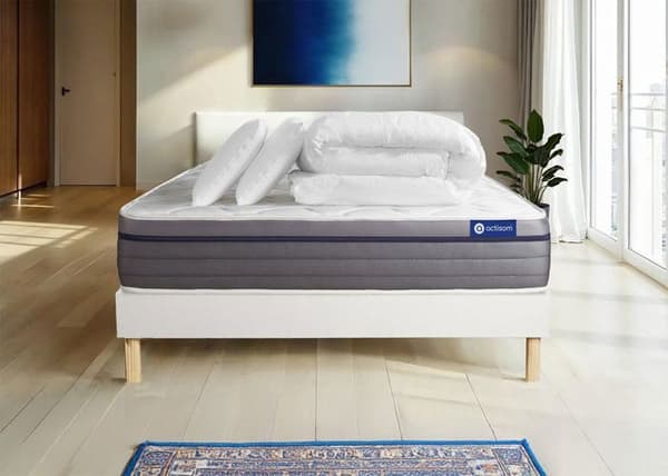 Sängram och madrass 200x200 Actilatex zen Latex och minnesk foam - 26 cm - Balanserad - sängram kit Vit + 2 kuddar + täcke
