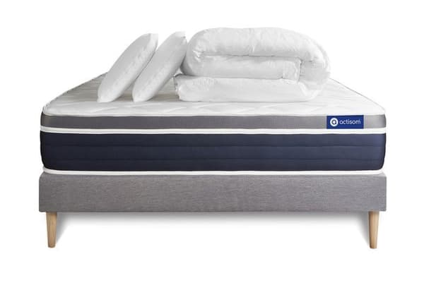 Sängset madrass 200x200 Actilatex komfort - 26 cm - Medium-fast - grå sängram kit + 2 kuddar + täcke
