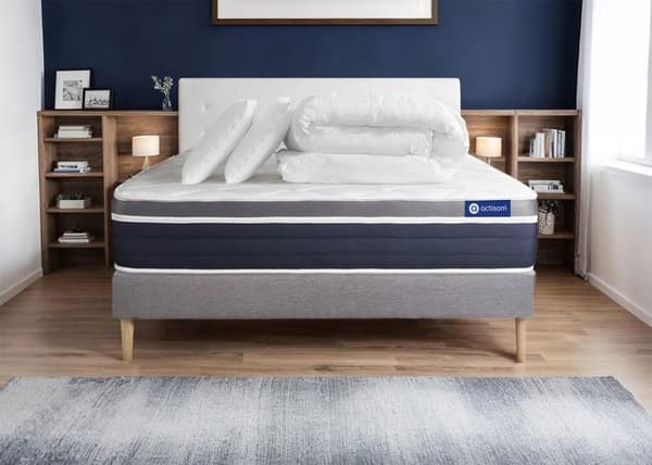 Sängset madrass 200x200 Actilatex komfort - 26 cm - Medium-fast - grå sängram kit + 2 kuddar + täcke