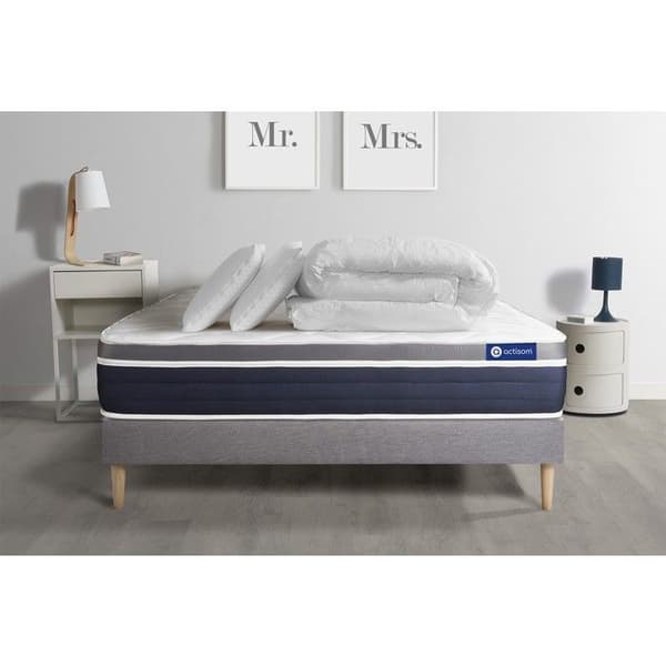 Sängkombination med 140x200 Actilatex komfort - 26 cm - Medium-fast - grå sängram + 2 kuddar + täcke