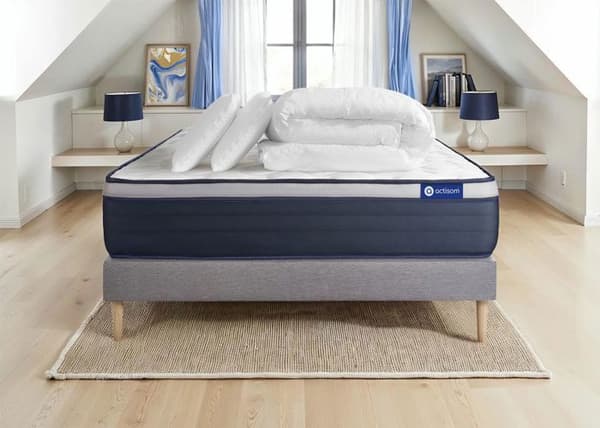 Sängset madrass 140x200 Actilatex max - 26 cm - Fast - grå sänggavel + 2 kuddar + täcke