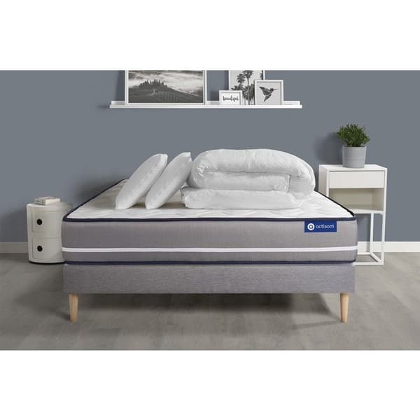 Sängpaket madrass 140x200 Actiflex pur - 20 cm - Fast - grå sängram + 2 kuddar + täcke