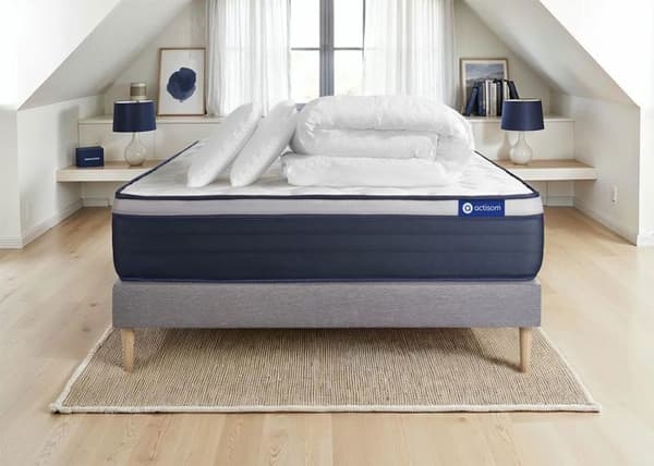 Ensemble sänggavel madrass 160x200 Actiflex max - 26 cm - Fast - sänggavel kit grå + 2 kuddar + täcke