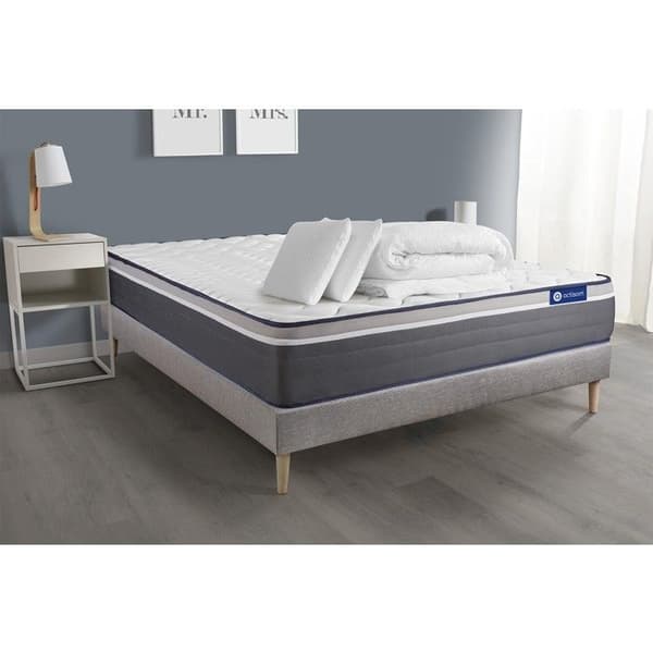 Ensemble sänggavel madrass 140x190 Actiflex plus - 26 cm - Mycket fast - sänggavel kit grå + 2 kuddar + täcke