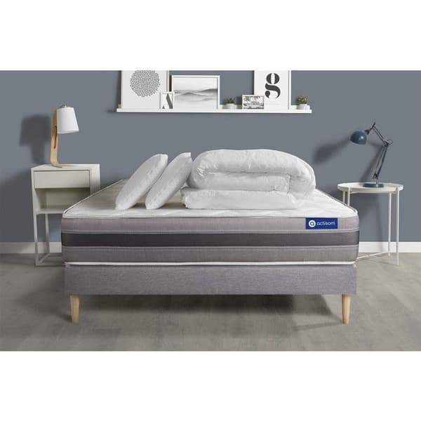 Sängset madrass 160x200 Actiflex relax - 24 cm - Medium-fast - grå sänggavel + 2 kuddar + täcke