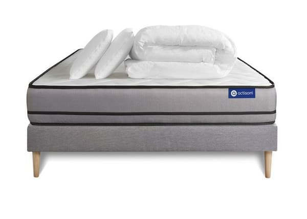 Sänggavel och madrass 200x200 Actilatex night - 20 cm - Mycket fast - grå sänggavel kit + 2 kuddar + täcke