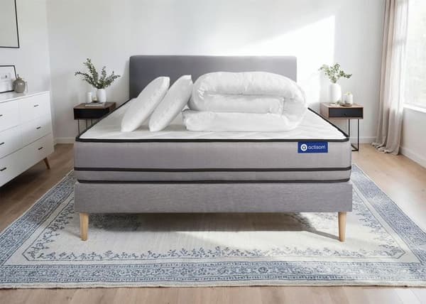 Sänggavel och madrass 200x200 Actilatex night - 20 cm - Mycket fast - grå sänggavel kit + 2 kuddar + täcke