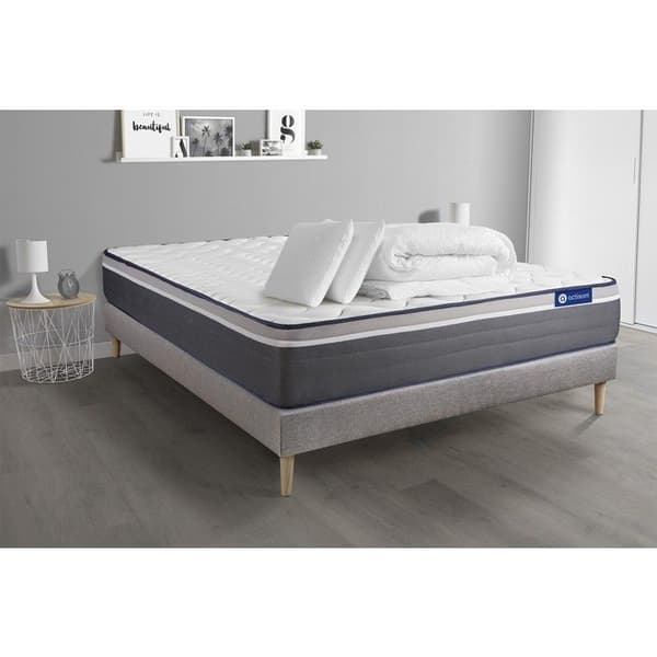 Ensemble sängram madrass 160x200 Actimemo plus - 26 cm - Mycket fast - sängram kit grå + 2 kuddar + täcke