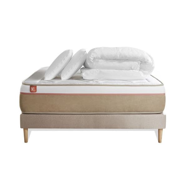 Pack madrass LE SOYEUX 140x190cm Pocketfjädrar + BioVisco minnesskum + sängbottenkit Beige