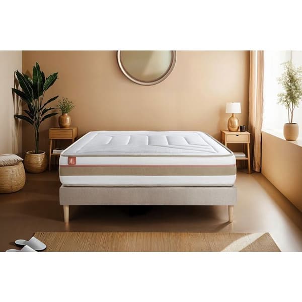 Pack madrass LE TENDRE 160x200cm Påsvetsade fjädrar + Minnesskum + sängbotten kit Beige