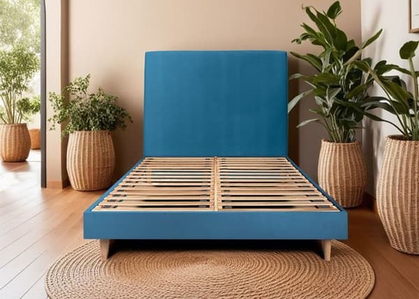 Säng 180x200cm med stoppad huvudgavl i sammet och kit sängbotten Blå - Total höjd: 29cm
