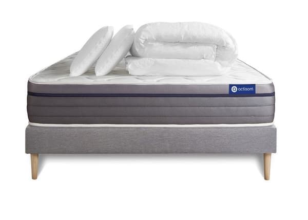 Sängset madrass 160x200 Actilatex zen - 26 cm - Balanserad - sänggavel kit grå + 2 kuddar + täcke