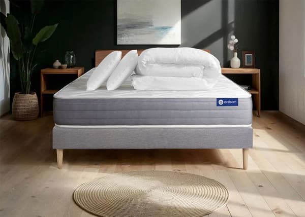 Sängset med madrass 160x200 Actiflex dream - 22 cm - Medelhård - grå sängbottenkit + 2 kuddar + täcke