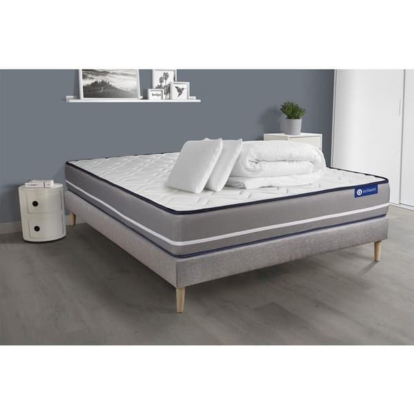 Sängset madrass 140x190 Actiflex pur - 20 cm - Fast - grå sängbotten + 2 kuddar + täcke