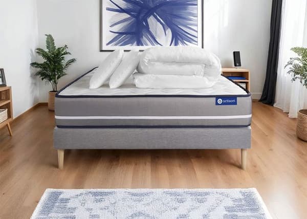 Sängset madrass 140x200 Actilatex ren - 20 cm - Fast - sängram kit grå + 2 kuddar + täcke