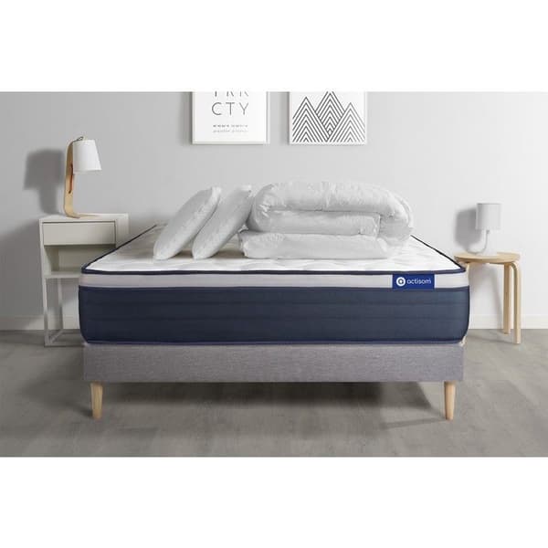 Set med sängbotten och madrass 160x200 Actilatex max - 26 cm - Fast - grå sängbotten kit + 2 kuddar + täcke