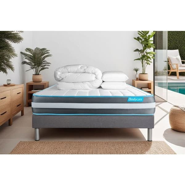 Ensemble sängram madrass 140x190 Bodyform Minnesskum - 20 cm - Fast - grå sängram kit + 2 kuddar + täcke