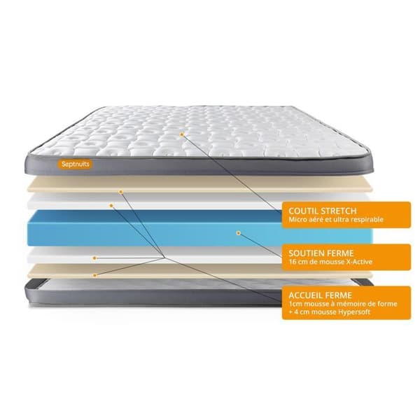 Sängset madrass 180x200 Memo plus minnesskum - 24 cm - Fast - grå sängsats + 2 kuddar + täcke