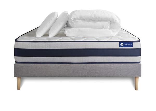 Ensemble sängram madrass 200x200 Actimemo ergo - 24 cm - Fast - sängram kit grå + 2 kuddar + täcke