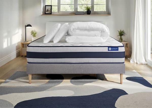 Ensemble sängram madrass 200x200 Actimemo ergo - 24 cm - Fast - sängram kit grå + 2 kuddar + täcke