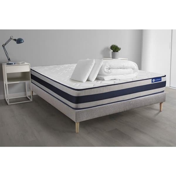 Ensemble sängram madrass 140x190 Actimemo ergo - 24 cm - Fast - sängram kit grå + 2 kuddar + täcke
