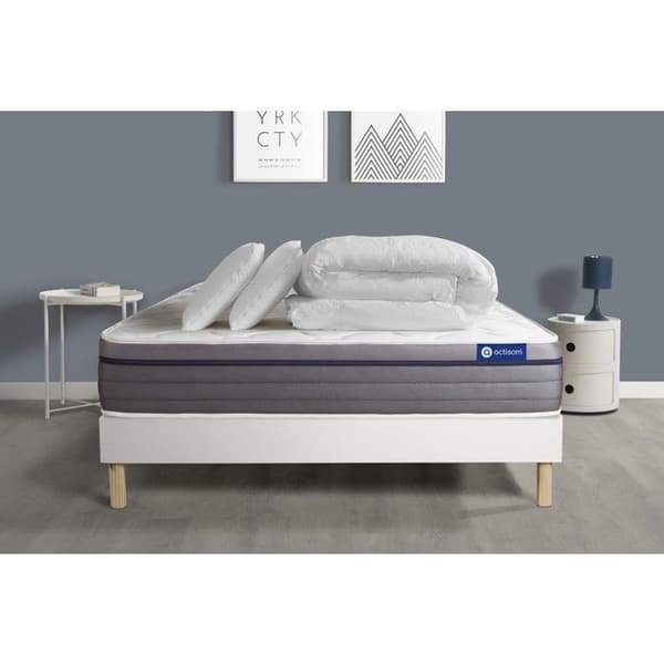 Ensemble sängbotten madrass 160x200 Actiflex zen Fickfjädrar och minnesskum - 26 cm - Balanserad - sängbotten kit Vit + 2 ben