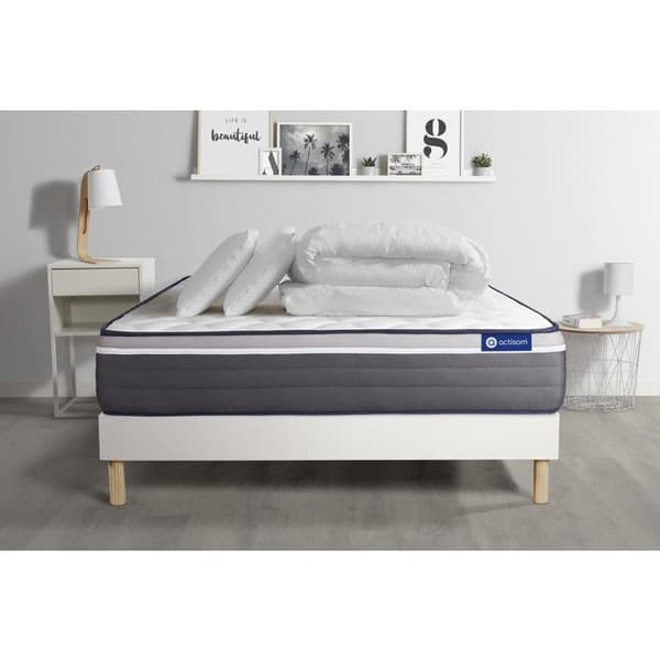 Sängset med madrass 140x200 Actilatex plus latex och minnesskum - 26 cm - Mycket fast - vit sängram + 2 kuddar + c