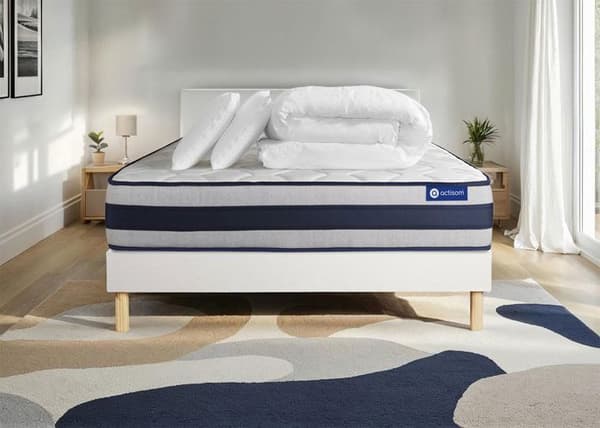 Ensemble sängbotten madrass 180x200 Actilatex ergo Latex och minnesskum - 24 cm - Fast - sängbotten kit Vit + 2 kuddar + täcke