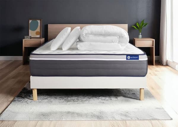 Sängset madrass 180x200 Actimemo plus Minnesskum - 26 cm - Mycket fast - vit sängställning + 2 kuddar + täcken