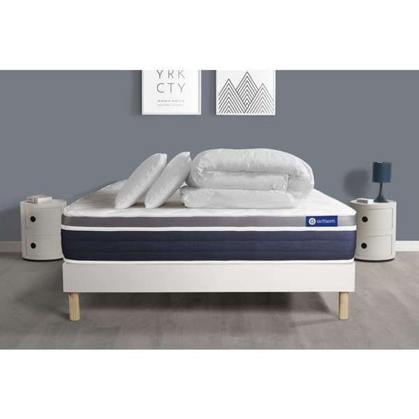 Ensemble sängbotten madrass 140x190 Actiflex komfort med fickfjädrar och minnesskum - 26 cm - Medium-fast - sängbotten kit Vit + 2 o