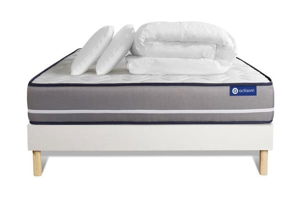 Sängset madrass 140x190 Actimemo ren minnesskum - 20 cm - Fast - sängram kit vit + 2 kuddar + täcke