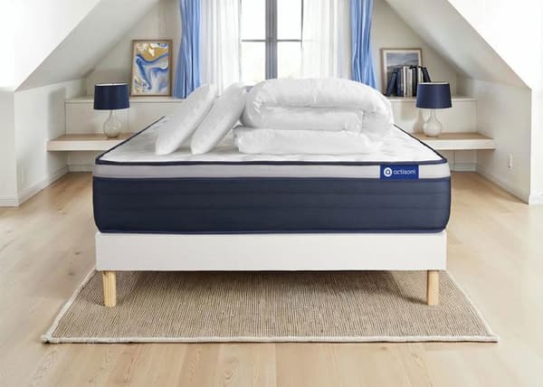 Ensemble sängram och madrass 200x200 Actilatex max Latex och minnesskum - 26 cm - Fast - vit sängram kit + 2 kuddar + täcke