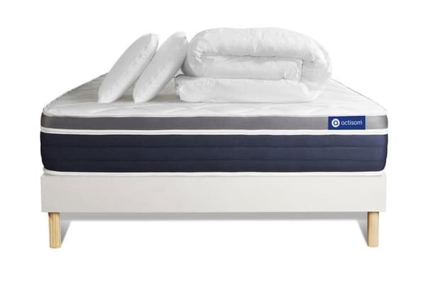 Sängram och madrass 180x200 Actimemo komfort Minnesskum - 26 cm - Medelfast - sängram kit Vit + 2 kuddar + täcke