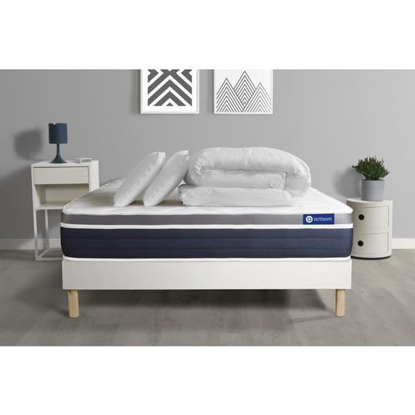 Sängram och madrass 180x200 Actimemo komfort Minnesskum - 26 cm - Medelfast - sängram kit Vit + 2 kuddar + täcke