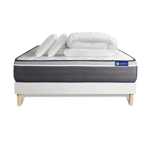 Sängset med madrass 140x200 Actimemo plus minnesskum - 26 cm - Mycket fast - vit sängram + 2 kuddar + täcke
