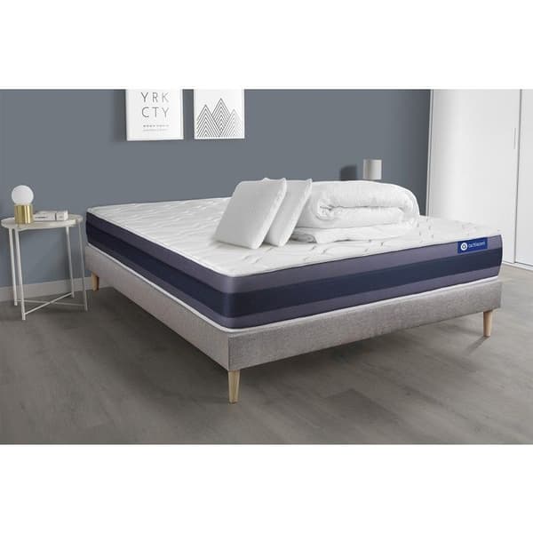 Ensemble sängram madrass 160x200 Actiflex morpho - 24 cm - Balanserad - sängram kit grå + 2 kuddar + täcke