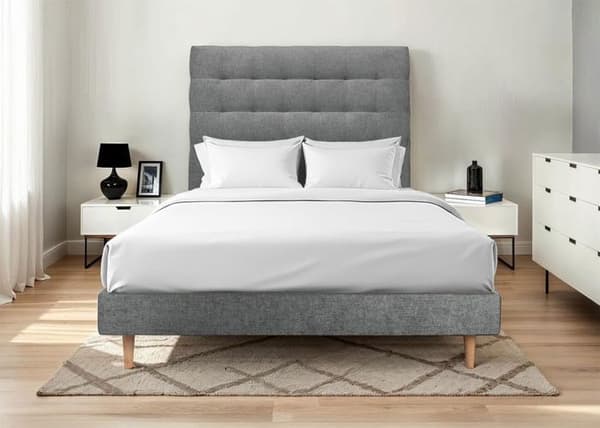 Säng - MARQUE - 150x190cm - Klädd huvudgavel med knappar - Sängbotten kit - Mörkgrå