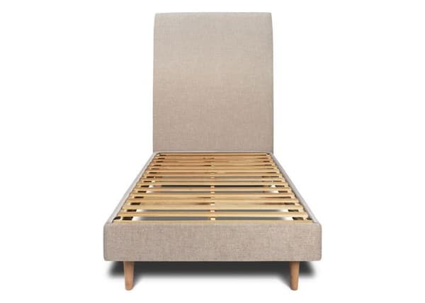 Säng 90x200cm med klädd huvudgavel i tyg och sängbotten kit beige brunt - Total höjd: 29cm
